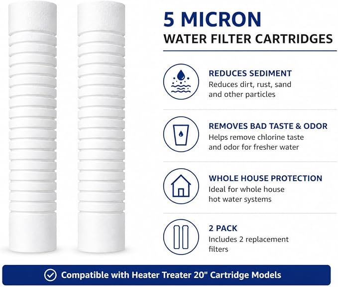 CFS – Grooved Water Filter Cartridges Compatible with Heater Treater 20" Cartridge Models – 5 Micron Replacement Filter – Removes Bad Taste & Odor – Whole House Hot Water System – 2 Pack