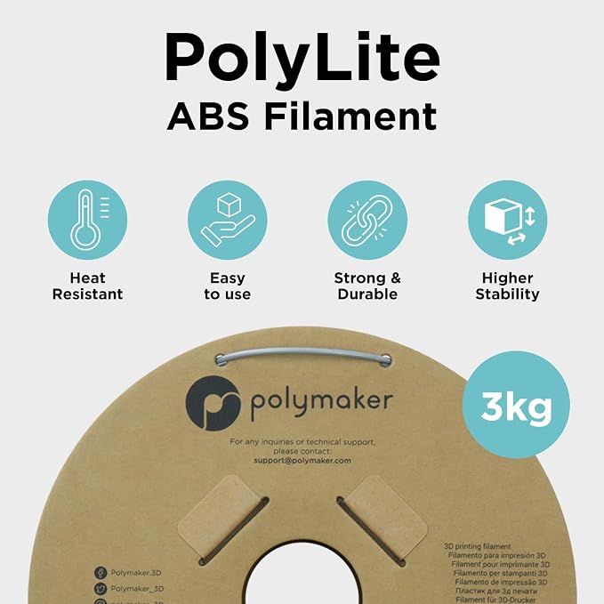 Polymaker ABS Filament 1.75mm Grey, 3kg 3D Printing Filament, PolyLite ABS 3D Printer Filament, Heat Resistant, Strong & Durable, Dimensional Accuracy +/- 0.03mm