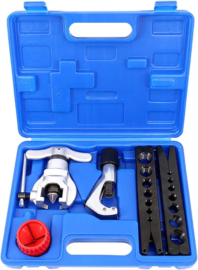 Flaring Tool Kit 3/16”-3/4” and 5-19mm, Single 45° 7 Dies Eccentric Tubing Flare Tool with Clutch Deburring Tool Cutter for Copper Pipe Tube(5 in 1 Set)