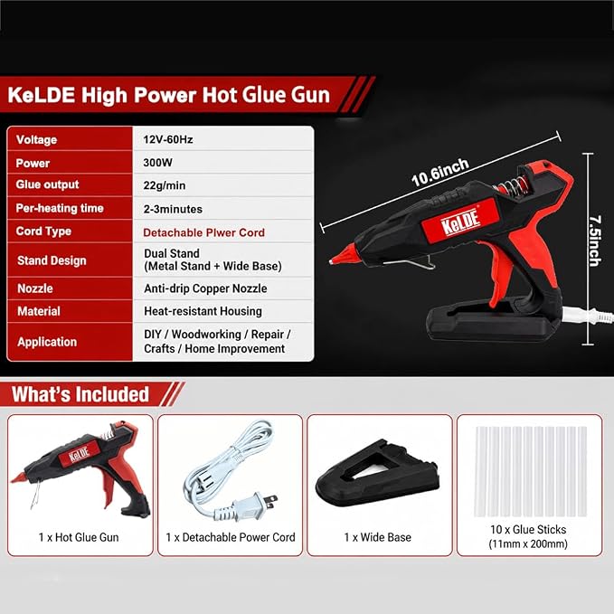 KeLDE 300W Industrial Hot Glue Gun, Heavy Duty Hot Melt Glue Gun with Detachable Power Cord, Fast Heating, Anti-Drip Nozzle,with 10 Glue Sticks for Woodworking, Repair & DIY Projects (Black)
