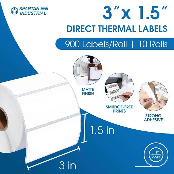 Spartan Industrial - 3" X 1.5" Direct Thermal Labels (9000 Count, 10 Rolls) - Inventory Barcode Stickers, SKU Labels, and Shelf Identification - Compatible with Zebra and Rollo Printers