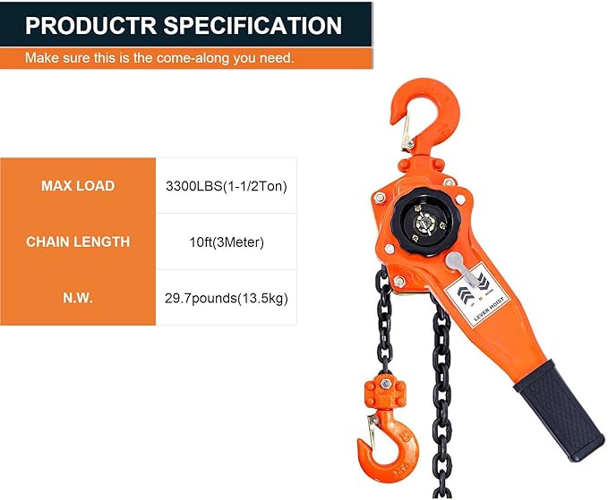Lever Chain Hoist 3300lbs 10ft 1-1/2 ton Come Along Ratchet Puller Hoists for Heavy Duty Lifting (1.5ton)