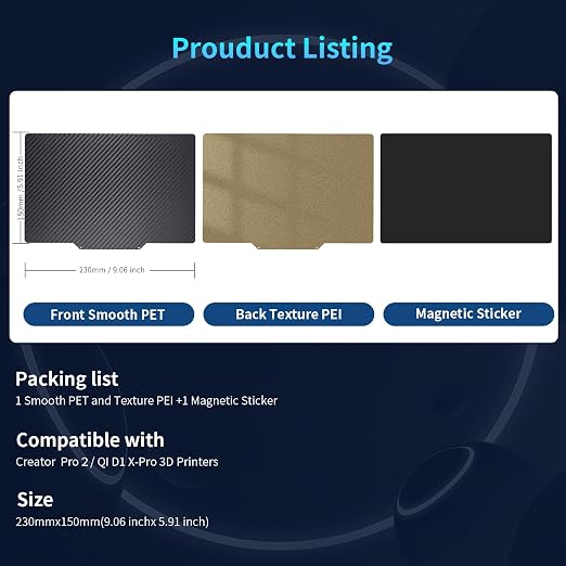 Upgraded Creator Pro 2 Build Plate PEI Sheer,232x152mm Double Sided Smooth/Textured PET+ PEI Spring Steel Print Plarform with Magnetic Bed for Creator Pro 2,QIDi X-pro 3D Printer.