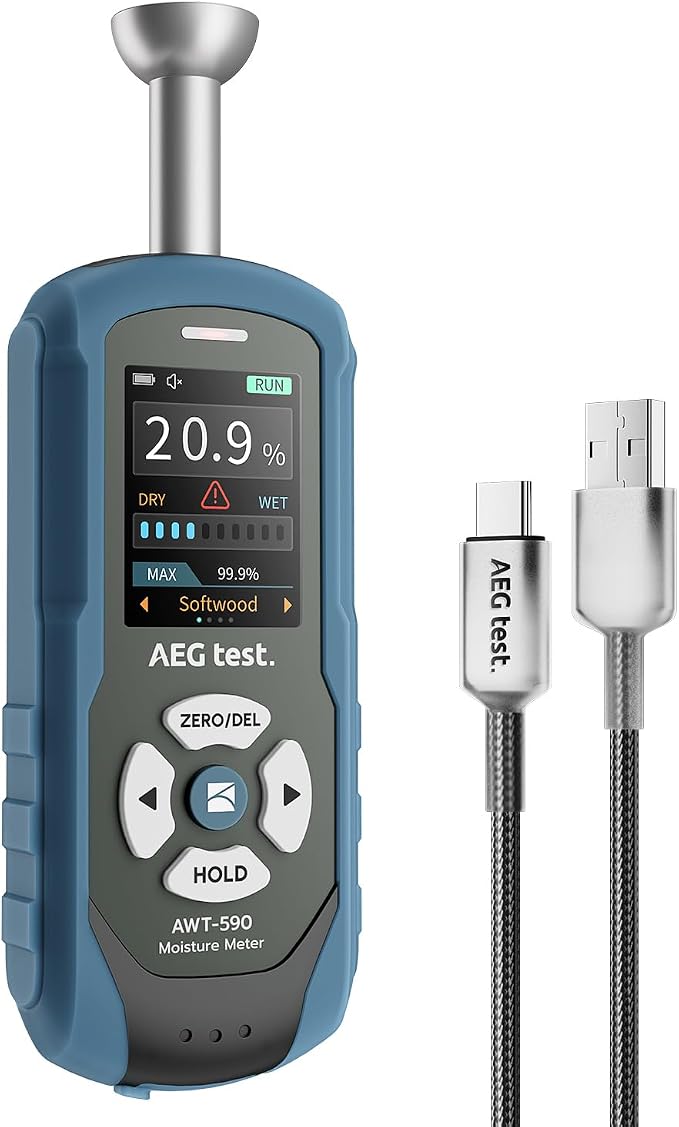 AWT-590 Rechargeable Pinless Moisture Meter for Wood, Drywall & Masonry, Wood Moisture Meter with Adjustable Alarm, Data Records, Non-Invasive Hemispherical Water Leak Detector for Home