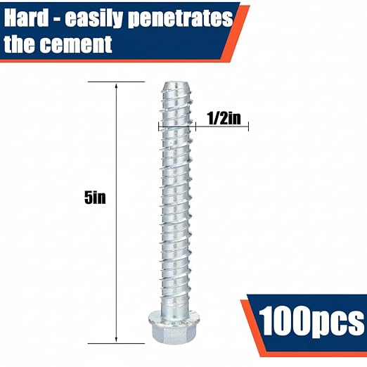 Tandefio 100 Pack 1/2" x 5" Concrete Screw Anchor Galvanized Large Diameter Heavy Duty Plated Concrete Anchors for Masonry Brick Anchoring Block Decking Framing Hex Drive