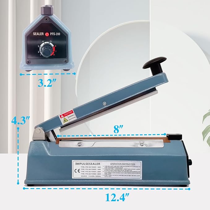 8 Inch 5mm Impulse Heat Sealer Machine for Plastic Mylar Bags, Metal Shell, with 6 Replacement Parts (including 2 Cutting Lines)
