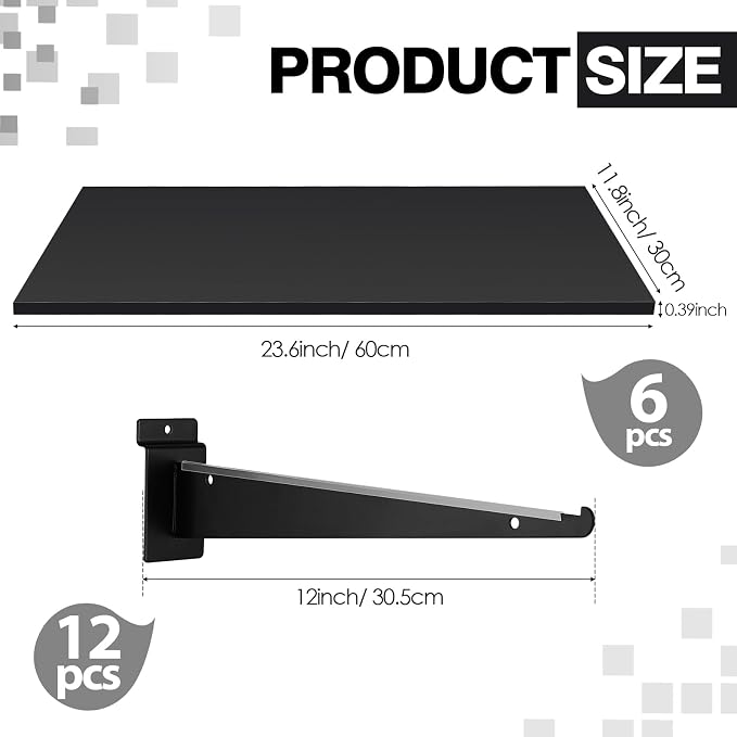 Barydat 6 Sets 23.6 x 11.8 Inch Slatwall Shelves with Metal Brackets Set Heavy Duty Slat Wall Knife Shelf Bracket Accessories Wall Organizer for Garage and Retail Display, Black