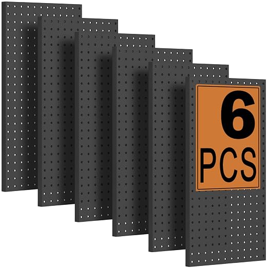 PBHEPJ 6 Pcs Metal Pegboard Panels, Heavy Duty Peg Boards for Garage and Garden Tool Storage, Includes Drywall Anchors and Screws Kits, Black