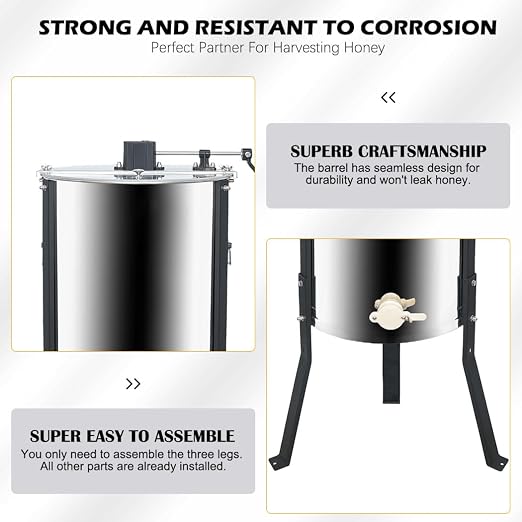 Honey Lake 3 Frame Manual Honey Extractor, Stainless Steel Honeycomb Drum Spinner with Transparent Lid, Beekeeping Equipment for Honey Extraction with Height Adjustable Stand