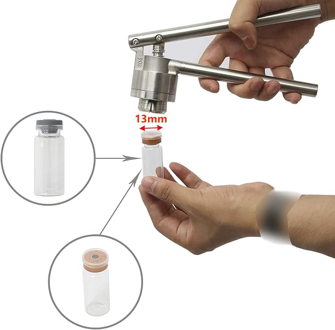 HighFree 13mm Vial Crimper, Manual Sealer Hand Sealing Machine with 10 Set of 3ml Vials + Stopper + Caps, Handheld Vial Crimper for Crimping 13mm Diameter Plastic-Aluminum Flip Caps