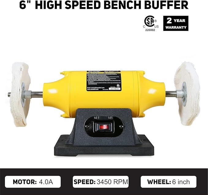 4.0A Bench Buffer Polisher, 6 Inch Jewelry Buffer Polishing Machine, 3450 RPM Bench Polisher with Hard & Flannelette Buffing Wheels for Metal, Jade, Jewelry, Knife, Wood