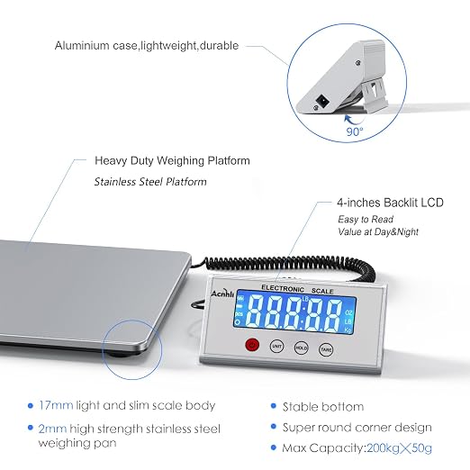 Digital Shipping Scale, 440lb Heavy Duty Stainless Steel Postal Scale for Packages, Mailing,Ideal for Home, Office, Warehouse & Shipping Business, Includes Manual & Adapter