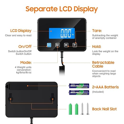 EcoGear Digital Weight Scale 440lbs Durable, Scales Digital Weight Postal Scale & Luggage Scale, Smart Heavy Duty Shipping and Postal Scale with Timer/Hold/Tare, Shipping Scale for Packages DC Adapter