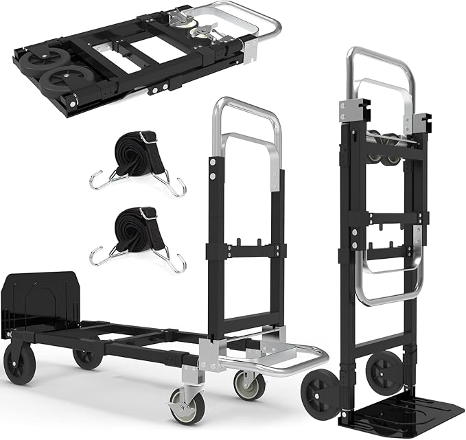 3 in 1 Heavy Duty Folding Hand Truck, Convertible Portable Steel Dolly with Telescopic Handle, Foldable Utility Cart with Rubber Wheels, 500 LBS
