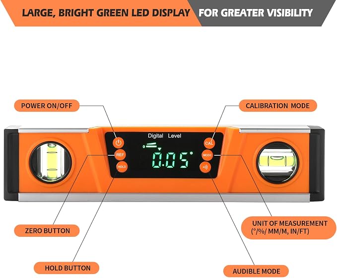 10-Inch Digital Torpedo Level and Protractor | Neodymium Magnets | Bright LED Display | V-GROOVE MAGNETIC BASE | IP54 Dust/Water Resistant smart level with Carrying Bag