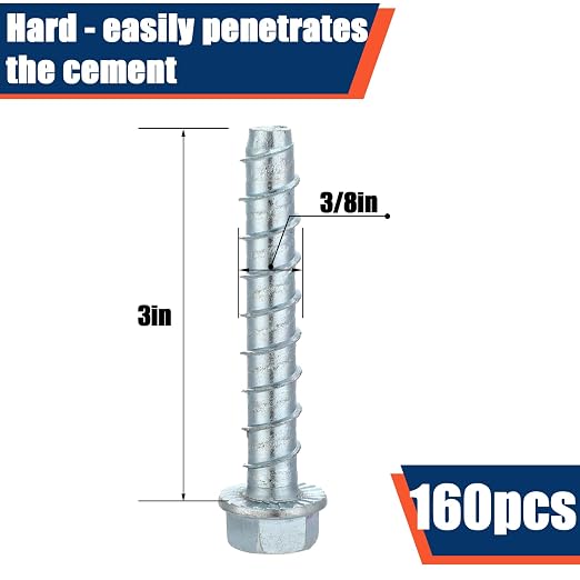 Tandefio 160 Pack 3/8" X 3" Galvanized Concrete Screws Large Diameter Anchors Concrete Screw Anchor Bolts Masonry Screw for Anchoring to Masonry Brick or Block