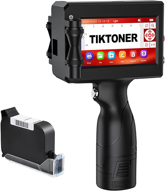 Handheld Inkjet Printer Printing Height 0.08-0.5Inch Handheld Printer Gun for Batch Code Date Time Lot Number Print on Many Materials, Inkjet Coder with 42ml Black Fast Dry Ink Cartridge