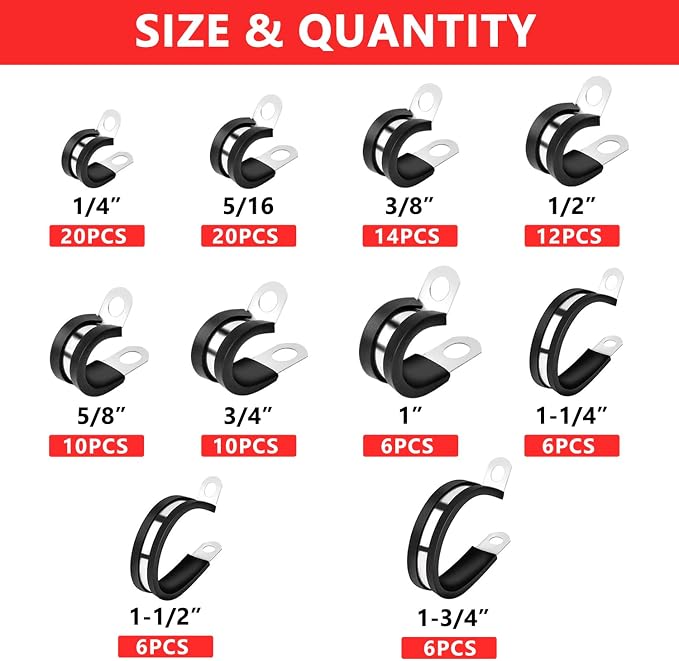 Newdeli 110Pcs Cable Clamps Assortment Kit 10 Sizes 1/4" 5/16" 3/8" 1/2" 5/8" 3/4" 1" 1-1/4" 1-1/2" 1-3/4" Stainless Steel Cable Clamp Rubber Cushioned Hose Clamp Insulated Automotive Wire Pipe Clamps