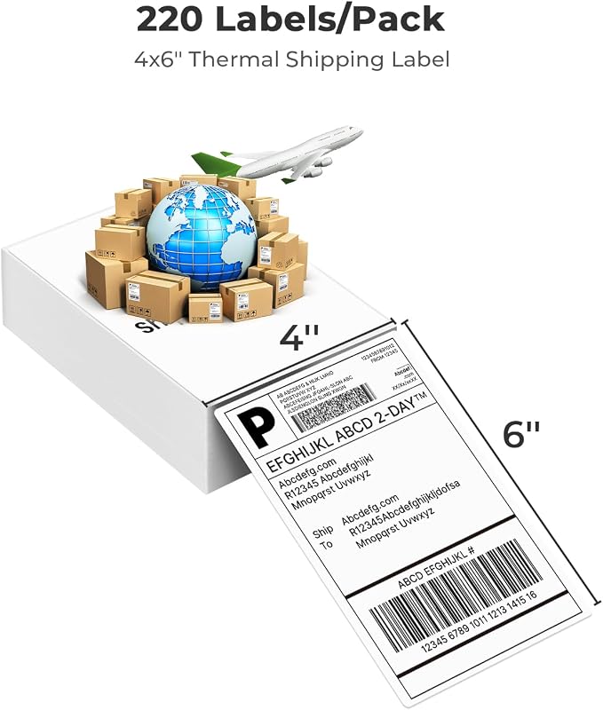Nelko Genuine 4x6 Direct Thermal Shipping Label 220 Labels/1 Stacks, 4x6 Thermal Labels for Nelko PL70E Shipping Label Printer, Perforated and Strong Adhesive, Commercial Grade