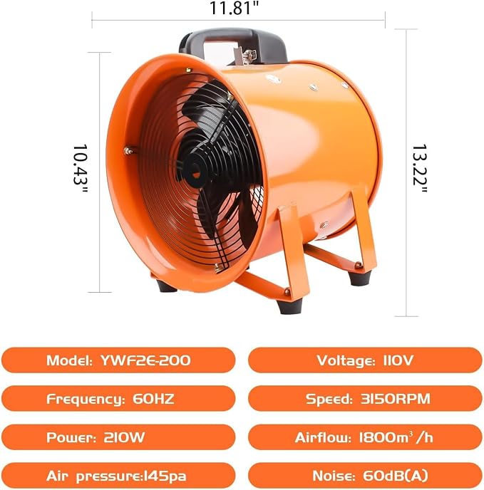 8-Inch High-Velocity Portable Utility Blower Fan, Industrial Exhaust Fan with 16.4ft Flexible Duct Hose, 3150 RPM Low-Noise Ventilator for Basements, Workshops, Warehouses, and Confined Spaces