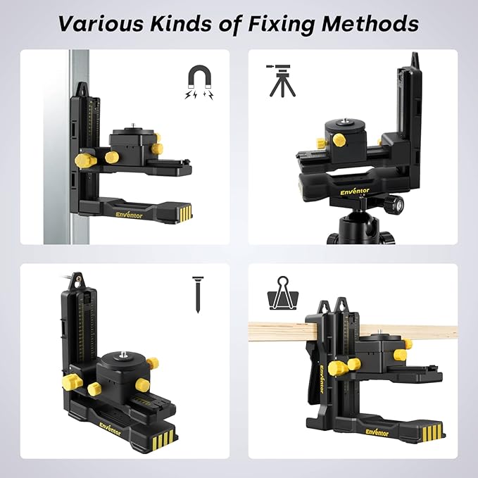 ENVENTOR Fine-tuning Bracket Laser Level Adapter, 1/4"-20 Male Threaded L-Shape Magnetic Pivoting Base with Adjustable Clip for Wall & Ceiling Mounted, 360° Adjustable Support, Height Adjustment