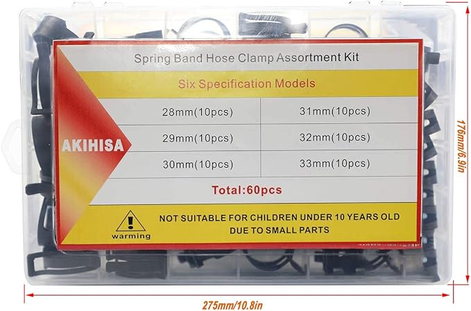 AKIHISA 60 Pcs 28-33mm Spring Hose Clamp, Spring steel 65Mn Fuel Hose Clamp, 6 sizes for Silicone Vacuum Fuel Oil Hose Line Clamps