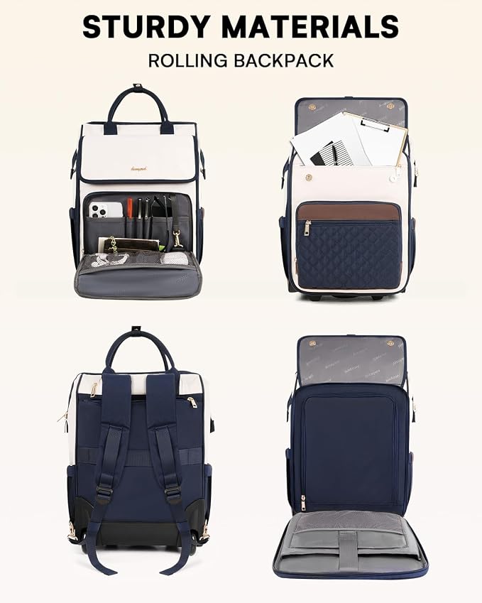 Rolling Backpack for Women, Travel Rolling Laptop Backpack with Wheels, Vertical & Horizontal Storage 2 In 1, Flip-Top Design, Water-Resistant Overnight College Underseat Carry on Luggage, Navy Blue