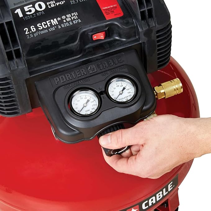 PORTER-CABLE Portable Pancake Air Compressor, 6 Gallon, 150 Max PSI | Oil-Free Maintenance-Free Pump, Wood Working, Roofing, Home, Jobsite, 2.6 CFM @ 90 PSI