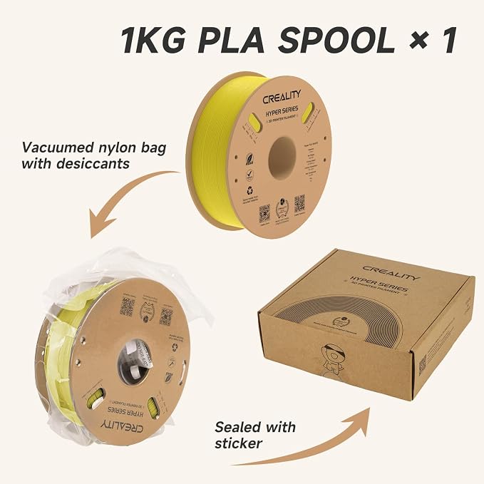 Official CREALITY Hyper PLA Filament 1.75mm, High Speed 30-600mm/s Rapid 3D Printer Filament PLA, Dimensional Accuracy +/-0.02mm, Stronger Toughness, Fit Most FDM 3D Printers，1KG(2.2lbs) Spool Yellow