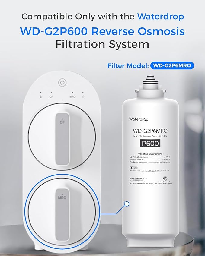 Waterdrop G2P6MRO Filter, Replacement for G2P600 RO System, 2-Year Lifetime | Only Compatible with G2P600 RO System, Under-Sink RO Water Filter, Long Lifespan, High Capacity, Easy Replacement