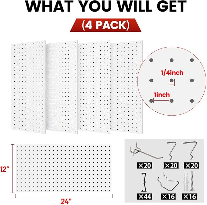 Peg Board, Metal Pegboard Wall Organizer System, 12x24 in Heavy-Duty Steel Peg Board with 38 Hooks, Modular Expandable Pegboard for Garage, Workshop & Home Organization (White, 4 Pack)