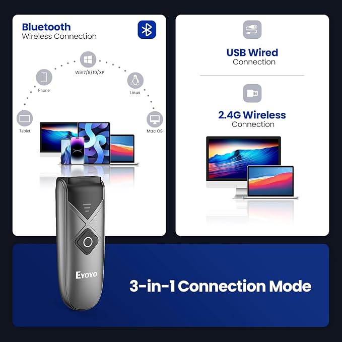 Eyoyo 2-Pack Mini QR 2D&1D Bluetooth Barcode Scanner Portable Wireless Barcode Reader with USB Wired/Bluetooth/ 2.4G Wireless Connection for Phone, Android, Tablet, Laptops