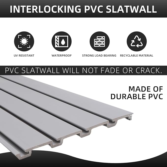 FRAYSCENT Slat Wall Paneling Garage Wall Organizer, Slatwall Panels Garage Tool Organizer Wall Mount Garage Slat Wall Storage Systems, Slat Board PVC Wall Panels Garage Storage (Grey, 8ftx4ft)