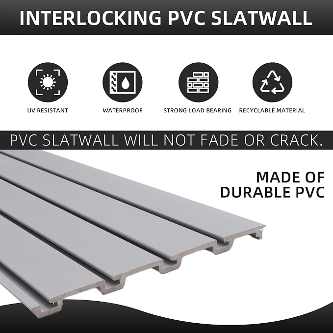 FRAYSCENT Slat Wall Paneling Garage Wall Organizer, Slatwall Panels Garage Tool Organizer Wall Mount Garage Slat Wall Storage Systems, Slat Board PVC Wall Panels Garage Storage (Grey, 4ftx2ft)