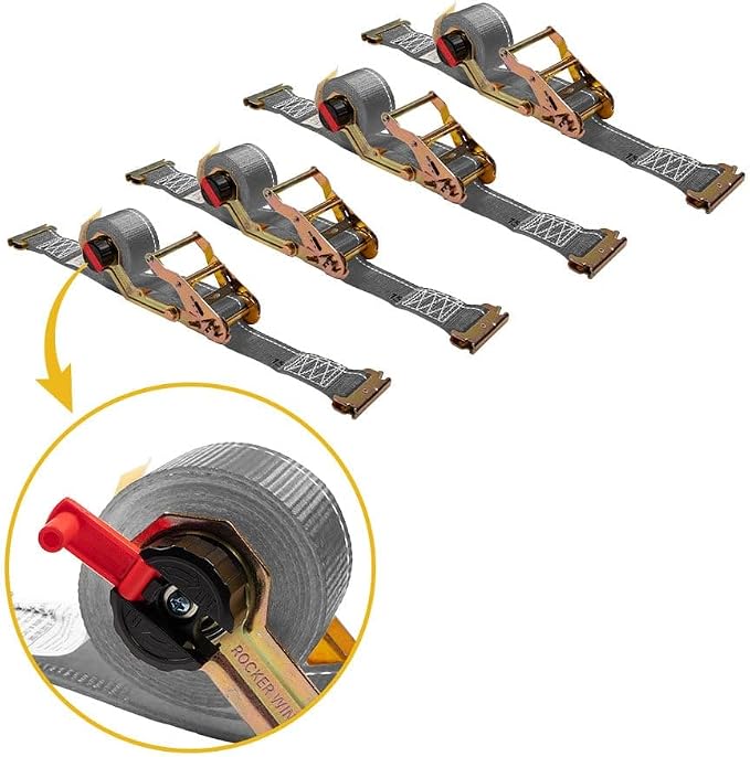 Mytee Products 4 Pk 2'' x 16' Rocker Winder Ratchet Straps for E-Track - Tie Down Straps with 4,500 lbs BS - Self Ratcheting Strap for Boat, Jet Ski, ATVs - Gray