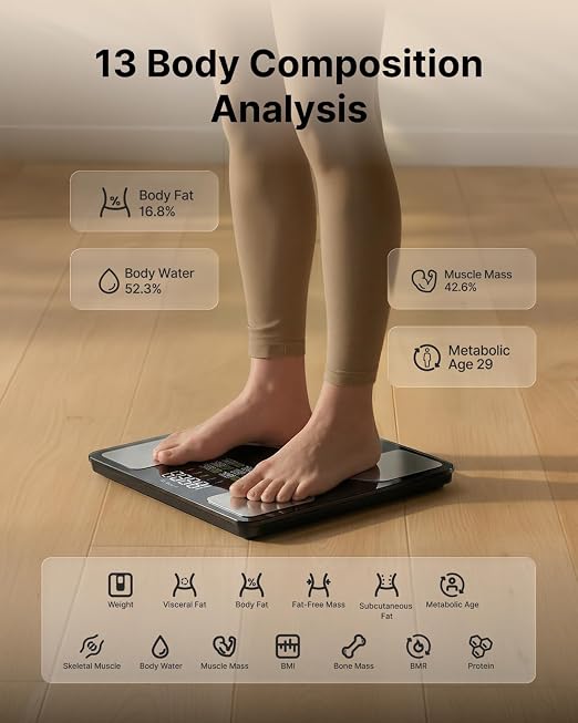 FITINDEX Smart Scale with BMI, Body Fat, Muscle Mass, Scale for Body Weight and Fat Percentage, High Accurate Bluetooth Scale with Large Display, 13 Body Composition Analyzer Sync APP, 500lbs, 11.8"
