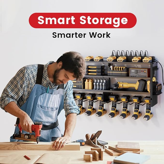 53" Power Tool Organizer Wall Mount with Power Strip, Black Heavy Duty Metal Tool Shelf, 400lbs Capacity for Cordless Drills, Batteries & Garage Storage (12 Slots with 8 Outlets Power Strip)