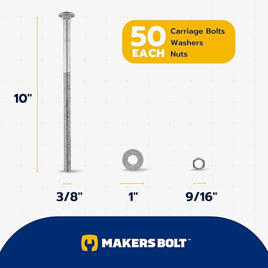 3/8" x 10" (50 Pack) Galvanized Carriage Bolt Kit, Grade 307A, Hot Dip Galvanized for Exterior Use by Makers Bolt
