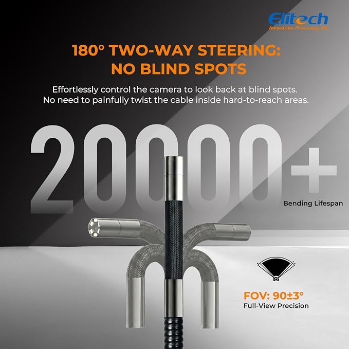 Elitech Two-Way Articulating Borescope with Light, 0.24in Slim Inspection Camera, 20,000+ Bend Life, 180° Snake Camera, 1080P 4.3" IPS Endoscope, High-Temp Protection for Automotive Mechanics