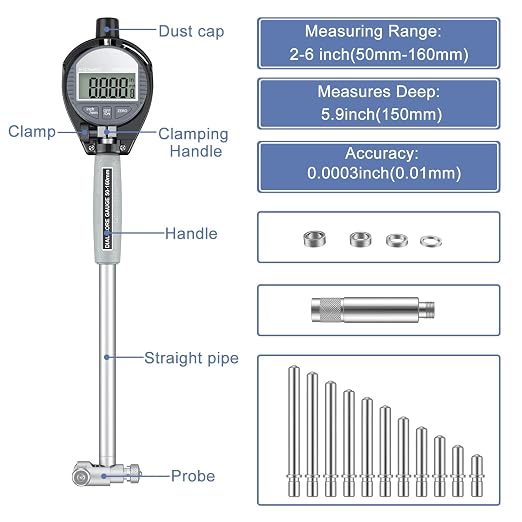 HDLNKAK Digital Bore Gauges Set, Cylinder Bore Gauge with LCD Digital Dial Indicator, 2"-6"/0.0005", Wide Selection of Anvils, Applications in Engines Cylinder Precision Measurement - Blue Case