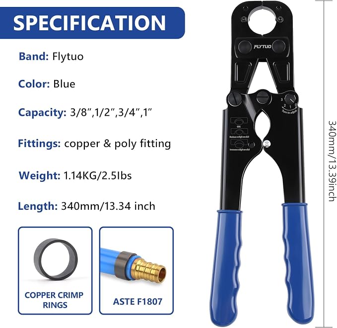 PEX Crimping Tool Set Interchangeable Jaw with 4 Sizes - 1", 1/2", 3/4", 3/8" for Copper Crimp Rings, Includes Go/No-Go Gauge, Complies with ASTM F1807 Standard