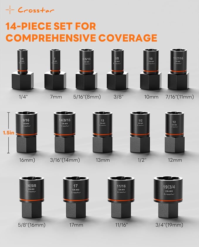 Crosstar 15 PCS Impact Bolt Extractor Set, 3/8" Drive SAE/Metric Cr-Mo Sockets (1/4"-3/4") for Stripped, Rusted, Frozen & Rounded-Off Bolts, Nuts, Screws & Studs