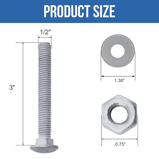 1/2" x 3" Carriage Bolts (25 PCS), Hot Dip Galvanized, Heavy Duty Round Head with Washers and Nuts