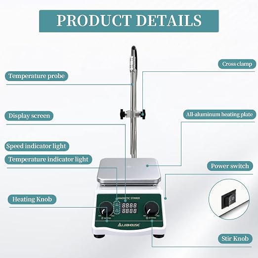 LHS-2S Digital Magnetic Stirrer Hot Plate, 100°C, 700-2600RPM, 2L | Max. settable temp 100°C/ 212℉, non-removable probe, Heated mixer lab stirring, PTFE stir bar, bar recycler, support stand
