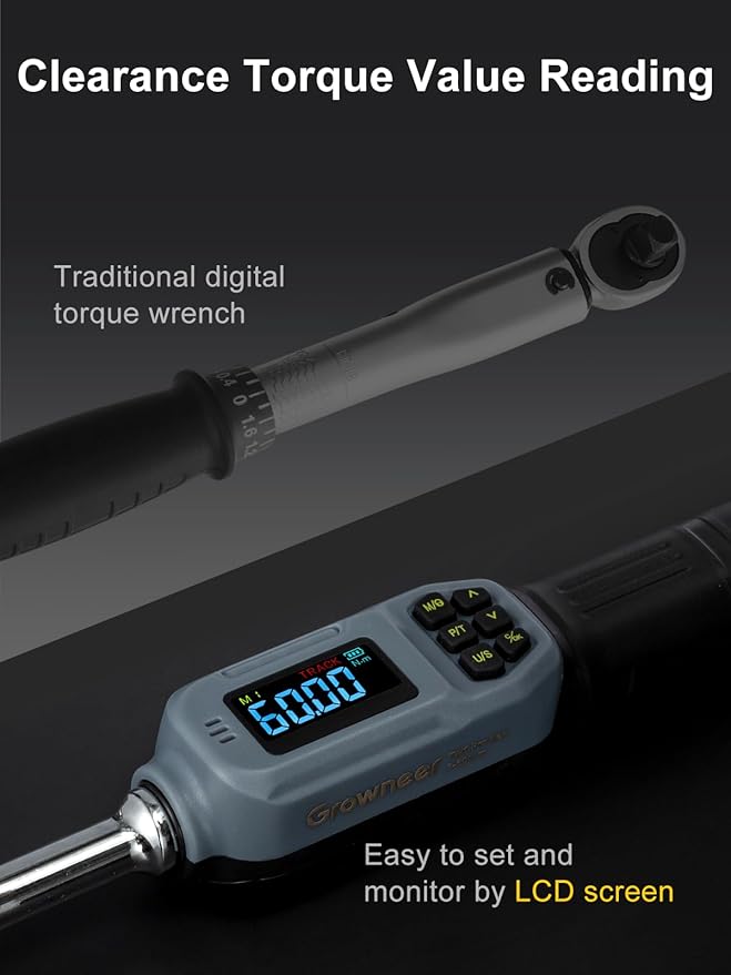 GROWNEER Digital Torque Wrench, 2.2-44.2 Ft-lbs/3-60 Nm, 3/8'' Drive Rachet Torque Wrench with Buzzer & Colorful LED Indicator, Electronic Torque Wrench Set for Bike Motorcycle Auto Repair