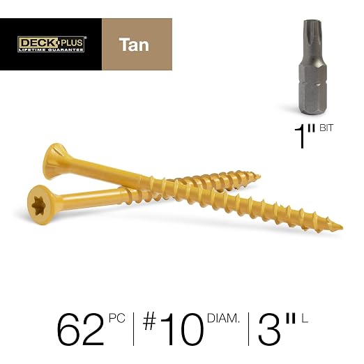 Deck Plus 3 Inch Epoxy Coated Exterior Wood and Fence Screws #10 x 3 Torx/Star Drive Included Coarse Thread, Outdoor Rust Resistant Decking Screw, Tan, 1lb Box, 365 Pieces | 48418