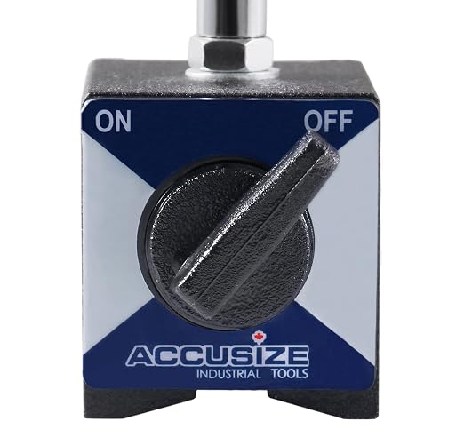 Accusize Industrial Tools 110 lbs Magnetic Base for Industrial Precision Indicators, with Fine Adjustment in Strong Cardboard Box, P900-S301 | On/Off Switch, V-Groove Bottom, M8 x 1.25 mm Tapped Hole, 2.28" x 1.96" x 2.16"