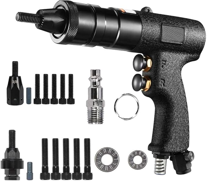 Pneumatic Rivet Nut Gun Tool, 3/8 inch 1/2 inch Heavy Duty Adjustable Speed Air Rivet Gun with Mandrels Riveting Gun Kit Riveter Set Pull Rivnut Gun