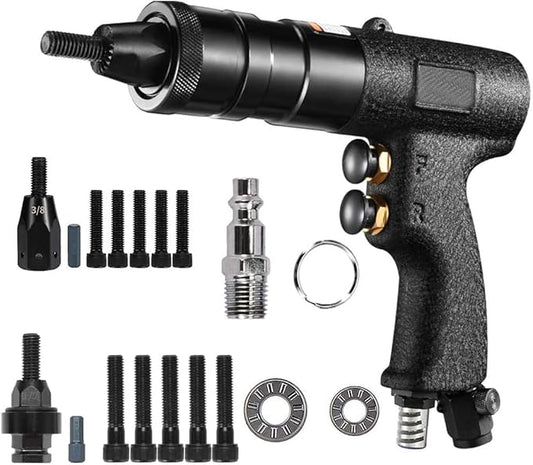 Pneumatic Rivet Nut Gun Tool, 3/8 inch 1/2 inch Heavy Duty Adjustable Speed Air Rivet Gun with Mandrels Riveting Gun Kit Riveter Set Pull Rivnut Gun