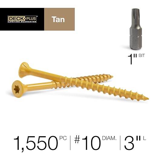 Deck Plus 3 Inch Epoxy Coated Exterior Wood and Fence Screws #10 x 3 Torx/Star Drive Included Coarse Thread, Outdoor Rust Resistant Decking Screw, Tan, 25lb Box, 1550 Pieces | 48420